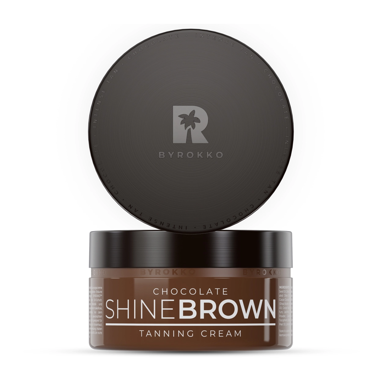 Shine Brown Chocolate tanning cream jar with a dark lid