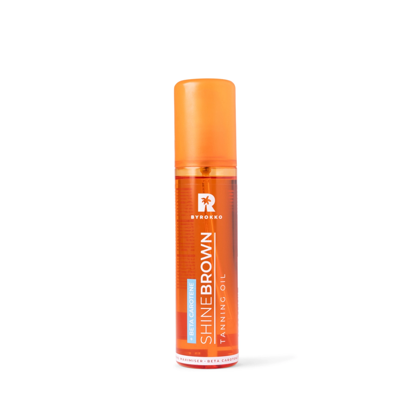 Shine Brown Beta Carotene Tanning Oil in a tall orange bottle