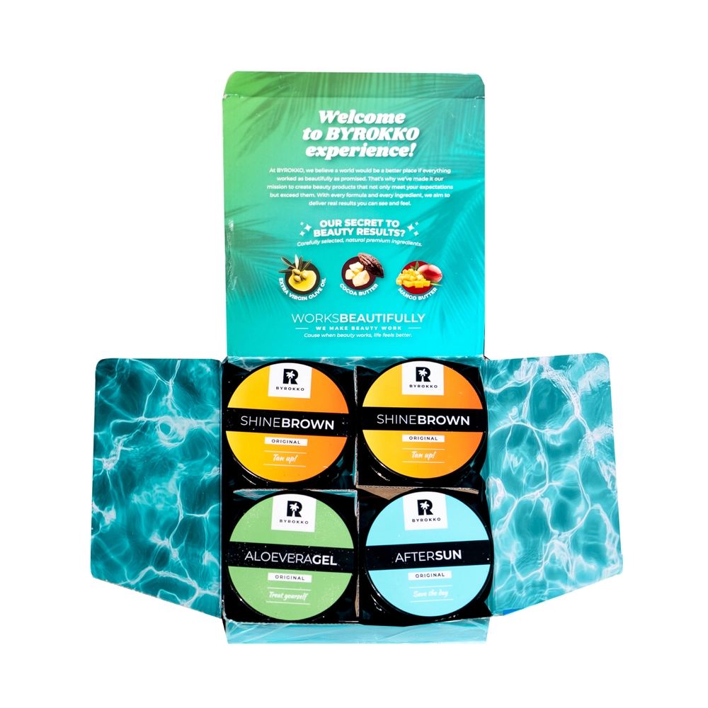 Sunkissed Box with tanning jars on a turquoise water-pattern sleeve